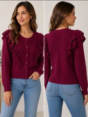 NWT Bagatelle Collection Burgundy Ruffle Pointelle Cardigan XL